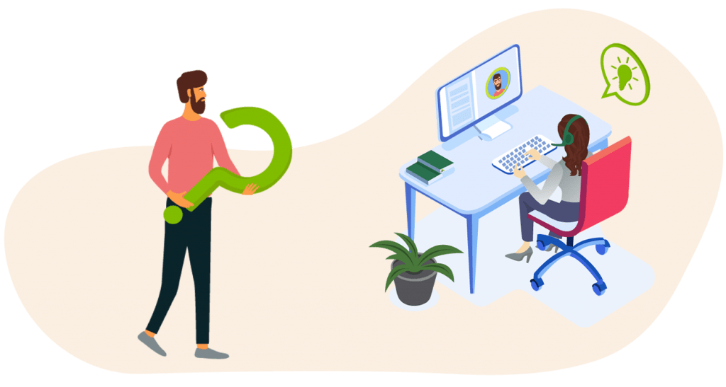 A woman sitting at a desk answering questions about software escrow, SaaS escrow, source code escrow, automated escrow and technology escrow while a man walks around with a question mark.