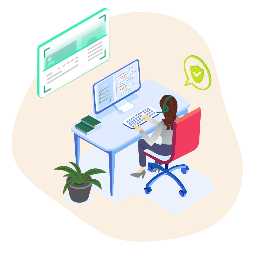 A woman sitting at a computer researching PRAXIS, software escrow, SaaS escrow, source code escrow, automated escrow and technology escrow.