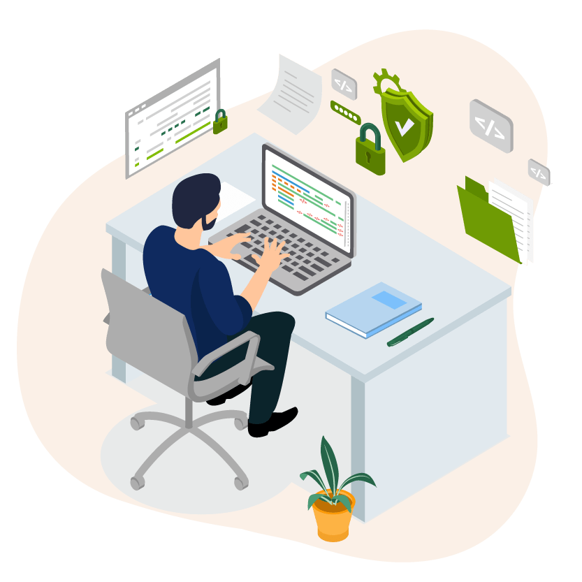 Young man sitting on the table and researching cybersecurity, PRAXIS, software escrow, SaaS escrow, source code escrow, automated escrow and technology escrow