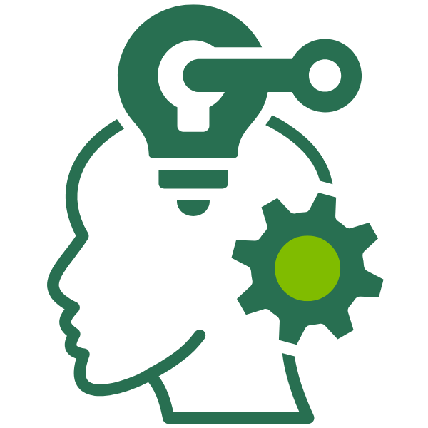 A man with a gear and a lightbulb to indicate thinking. This represents PRAXIS as a provider of IP Escrow.