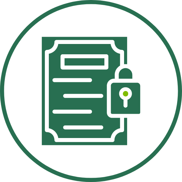 A contract with a lock in front of it. This represents PRAXIS as a provider of Technology as Collateral Escrow.